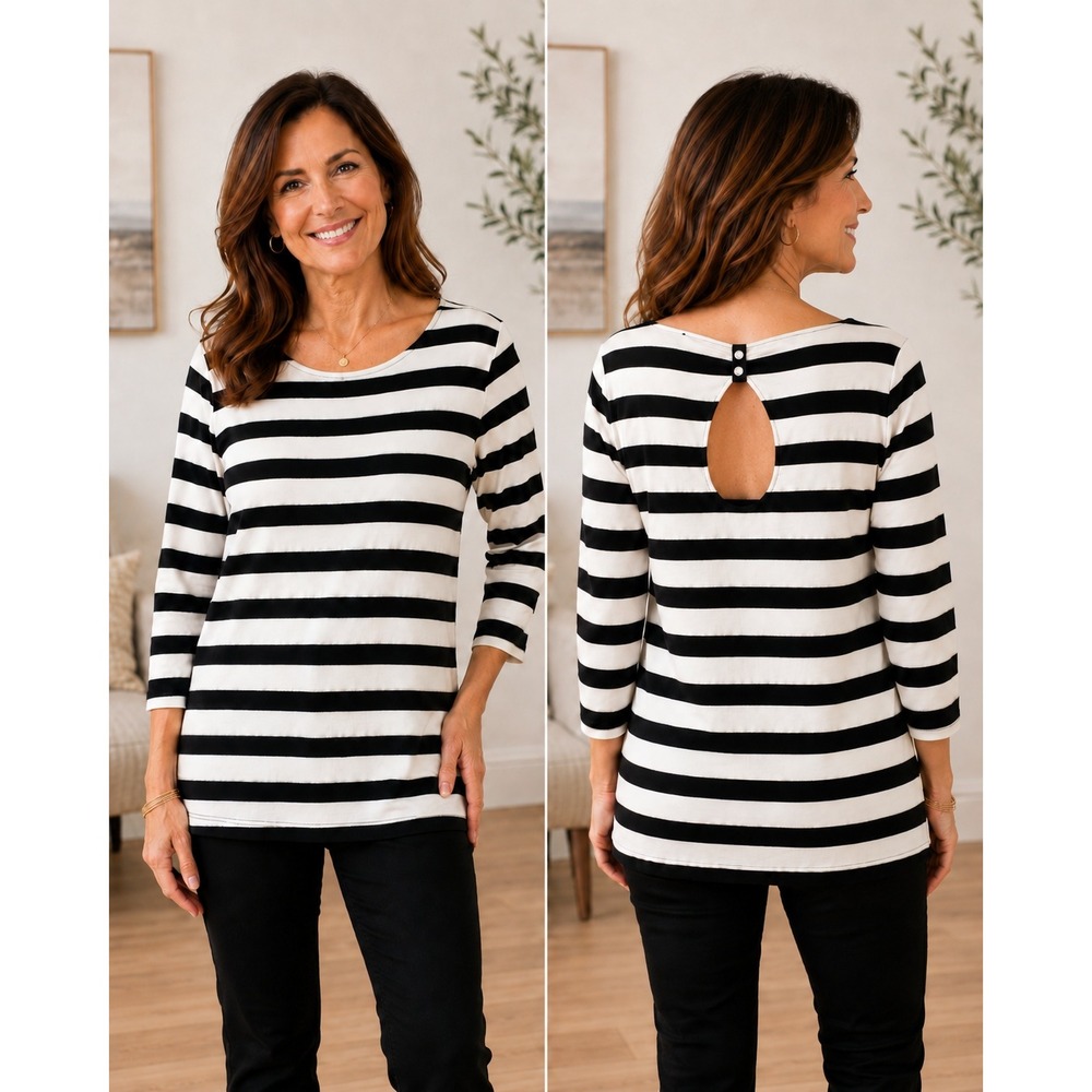 White House‎ Black Market Striped Keyhole Back Top Metallic Silver Size L Black